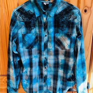 Rock & Roll Cowgirl Turquoise/Blue Plaid Button Down Shirt